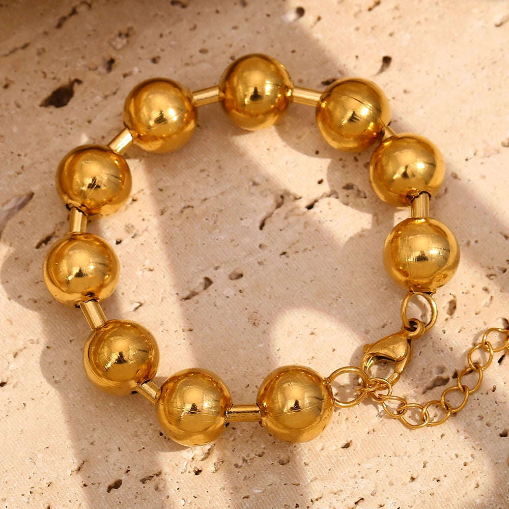Ebbelle estilo clássico banhado a ouro contas redondas pulseira de aço inoxidável brilhante hipoalergênico à prova d'água joias femininas