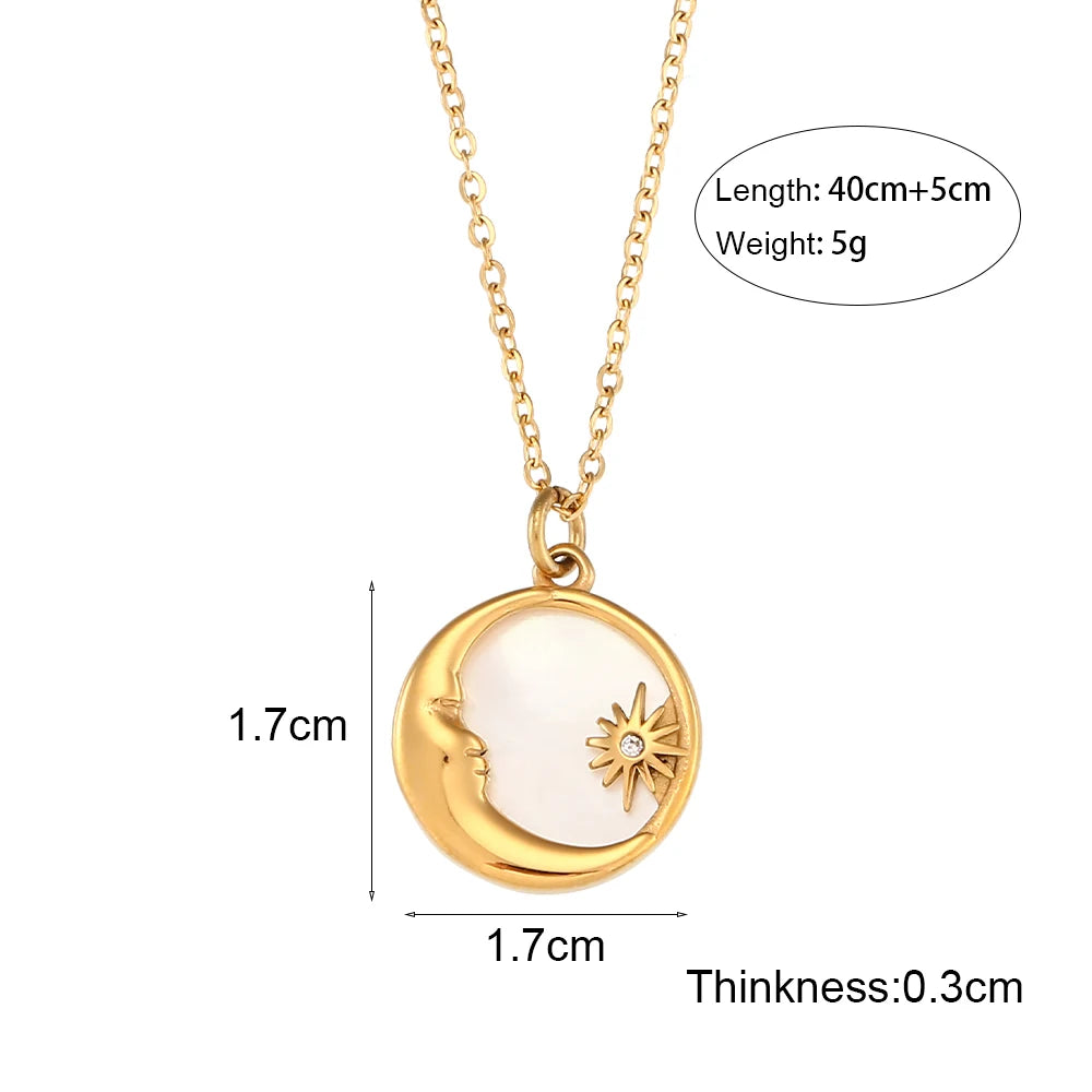 Ebbelle natural mãe de pérola fundição lua estrela círculo moeda colar para mulher 18k banhado a ouro jóias de aço inoxidável
