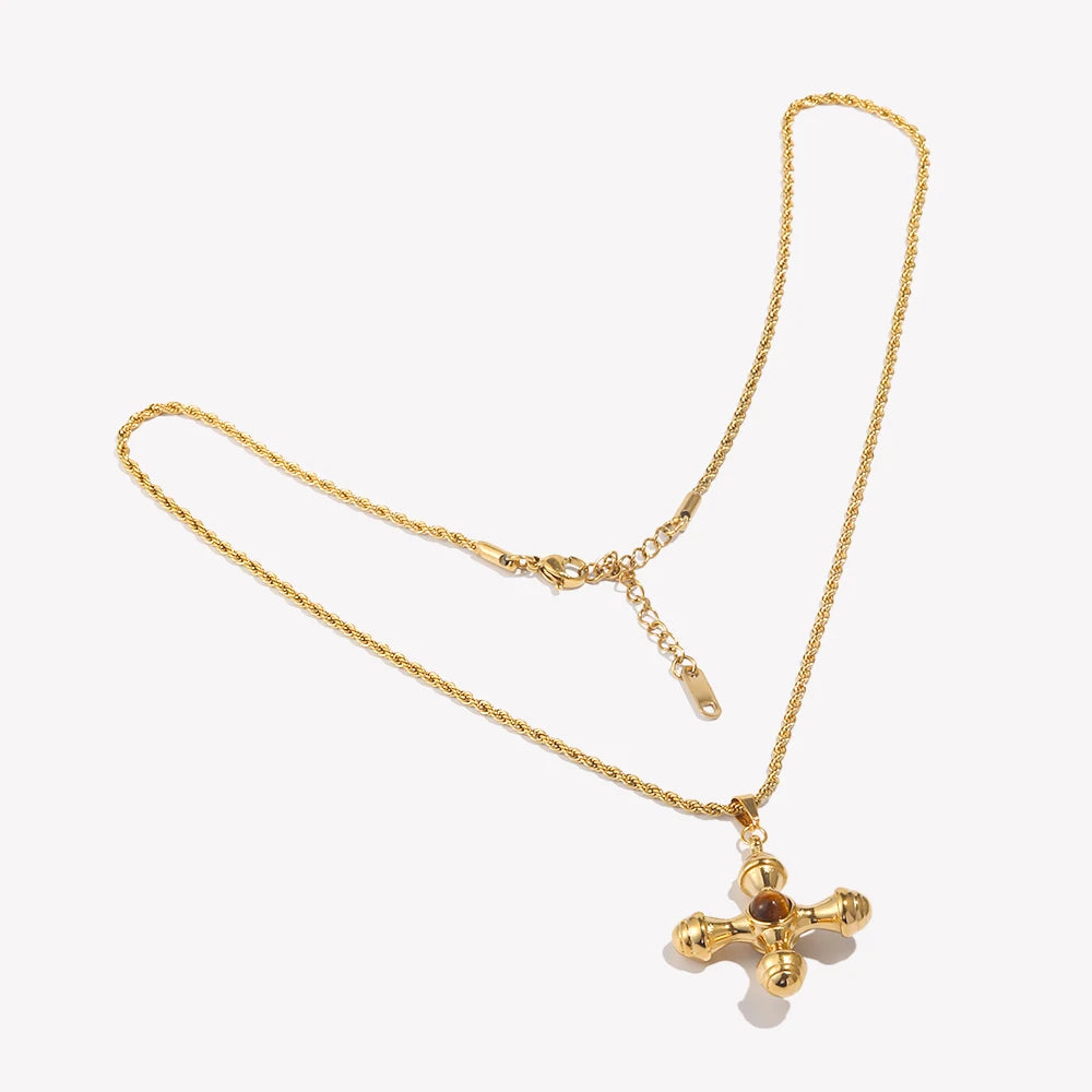 E.B. Belle-Ágata Leme Forma Colar Pingente, 18K banhado a ouro, aço inoxidável, Twists Cadeia, Pedra Natural, Cor Marrom
