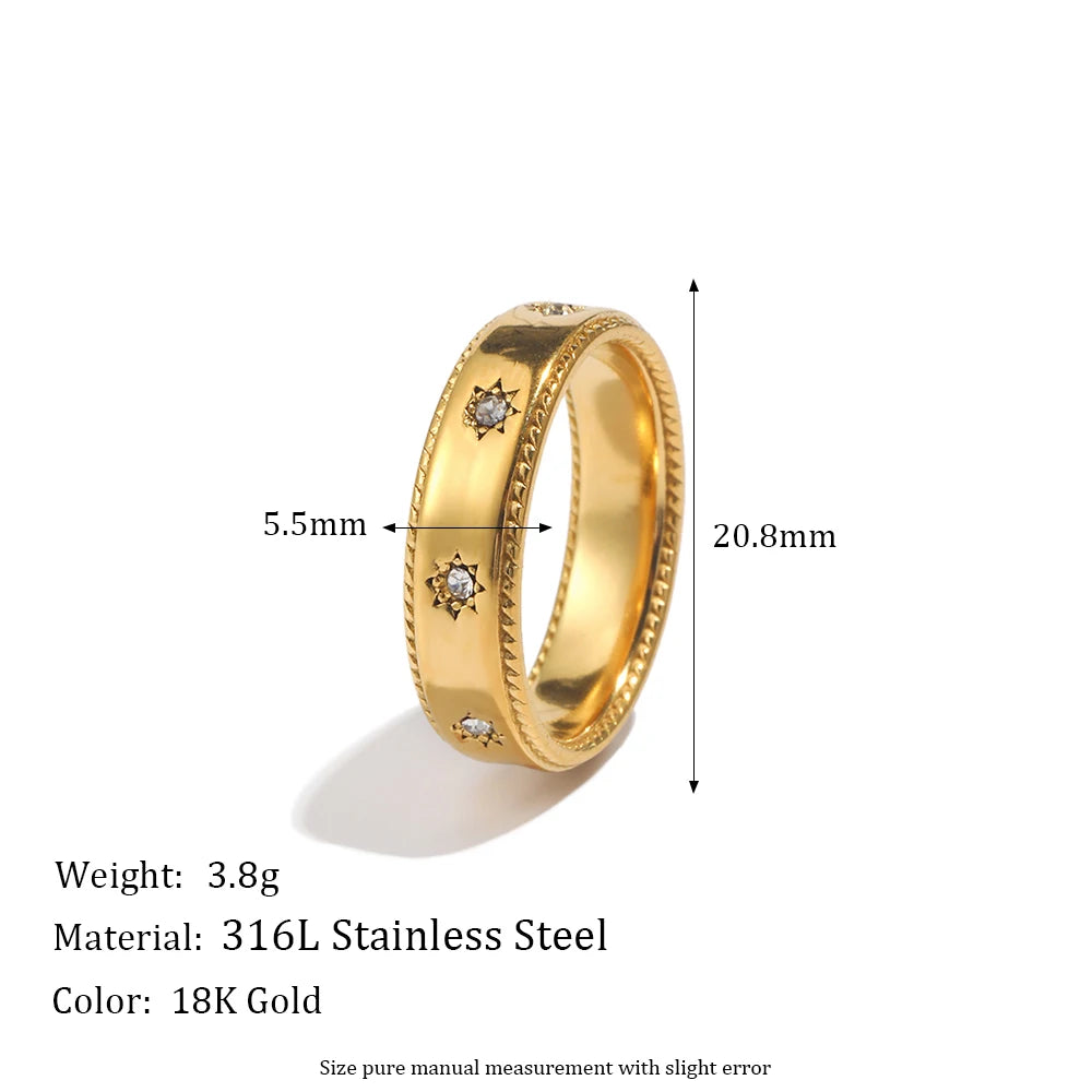 E.B.belle Joias de aço inoxidável para mulheres banhadas a ouro 18K à prova d'água cristal transparente zircão estrela fundida anéis de ouro para mulheres