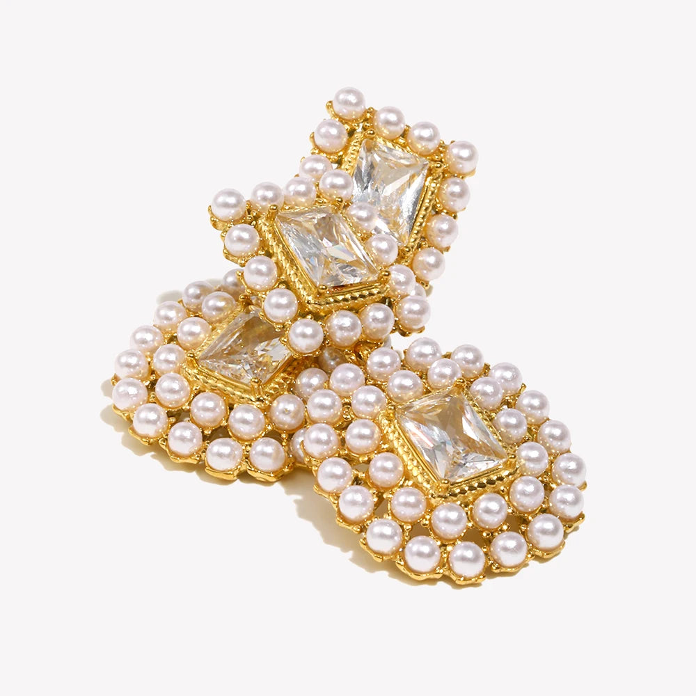 Ebbelle moda 18k banhado a ouro luxo emendado quadrado zircão completo pérola brincos feminino festa chique jóias não manchado