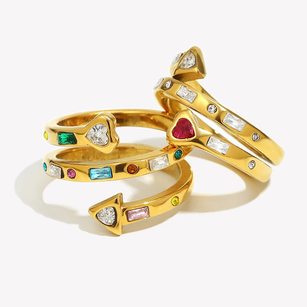 E.B. Belle-Three Layer Coração e Seta Zircon Anel Aberto, Jóias em Aço Inoxidável 316L, Acessórios Banhados a Ouro 18K