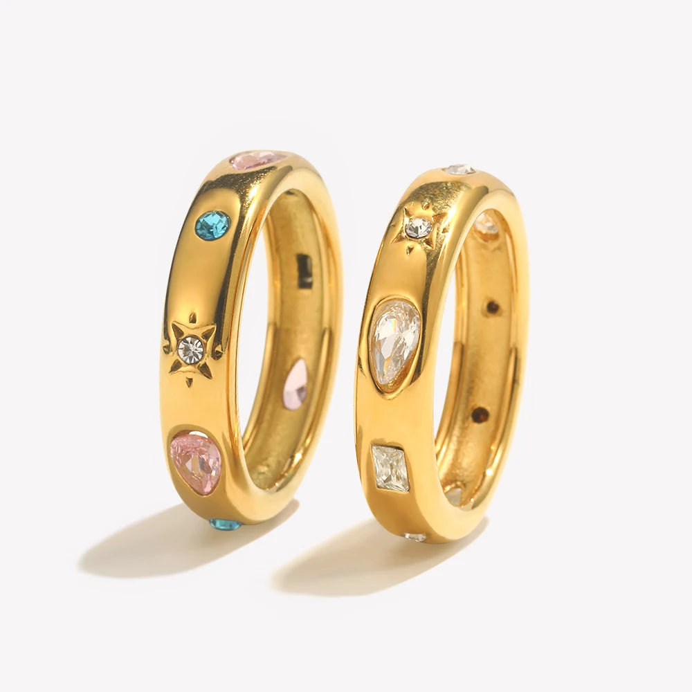 E.B.belle Anel retangular de gota de água com zircão geométrico hipoalergênico 18K banhado a ouro decoração de aço inoxidável 316L