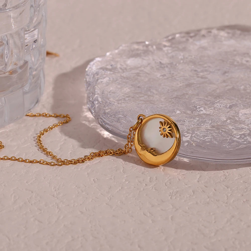 Ebbelle natural mãe de pérola fundição lua estrela círculo moeda colar para mulher 18k banhado a ouro jóias de aço inoxidável