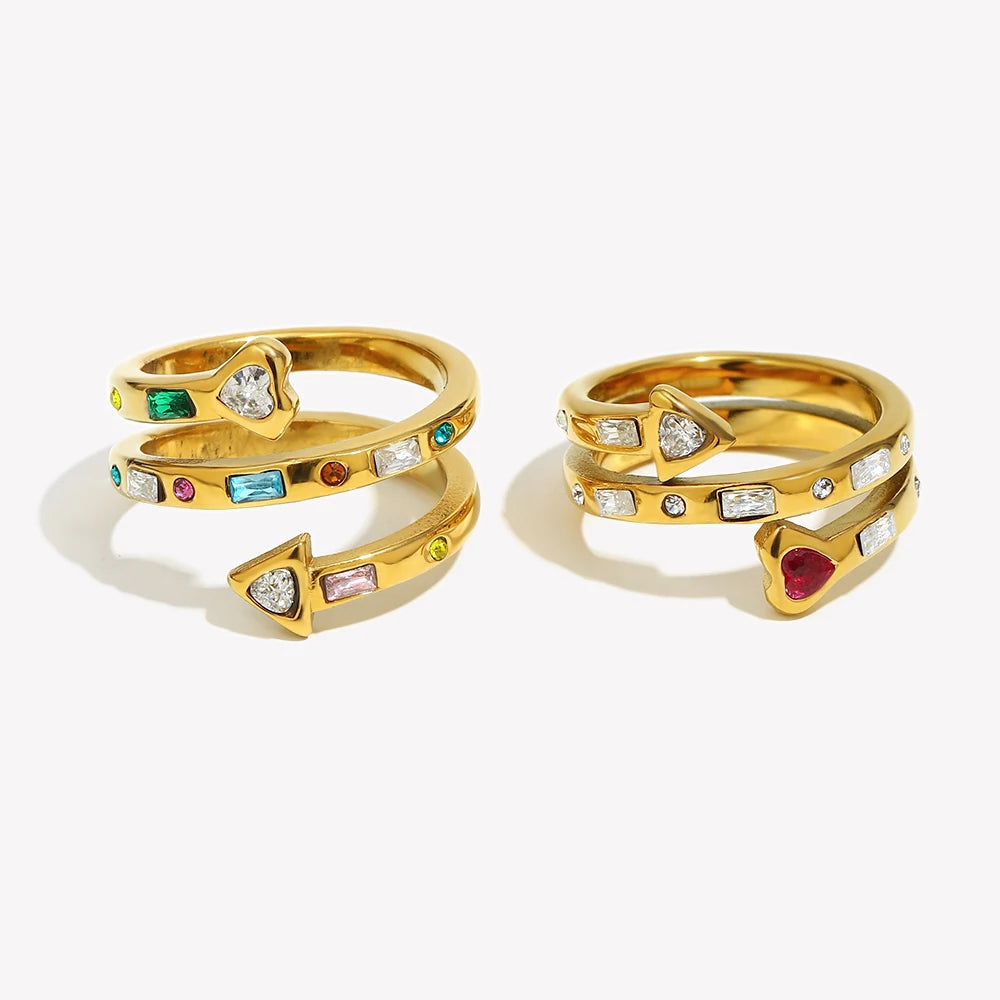 E.B. Belle-Three Layer Coração e Seta Zircon Anel Aberto, Jóias em Aço Inoxidável 316L, Acessórios Banhados a Ouro 18K