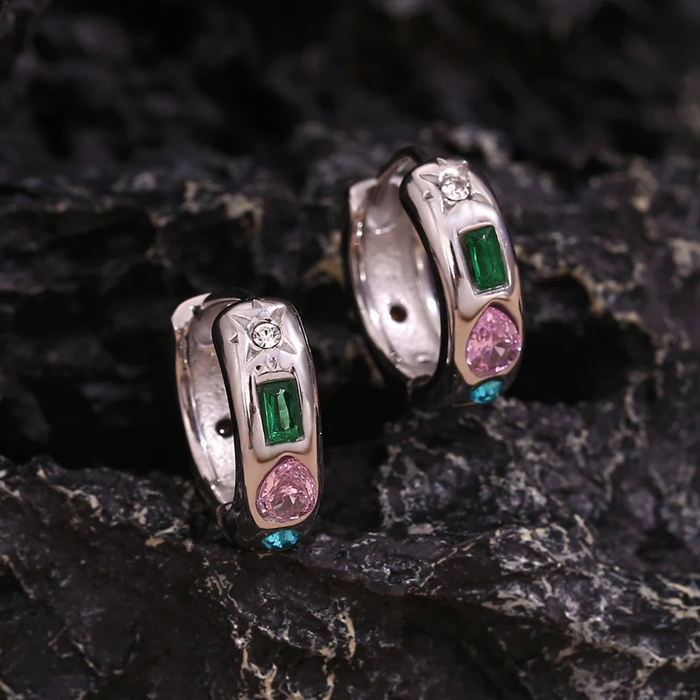 E.B.belle Brincos de argola de zircônia coloridos sem manchas brincos banhados a ouro 18K para mulheres joias de aço inoxidável 316L