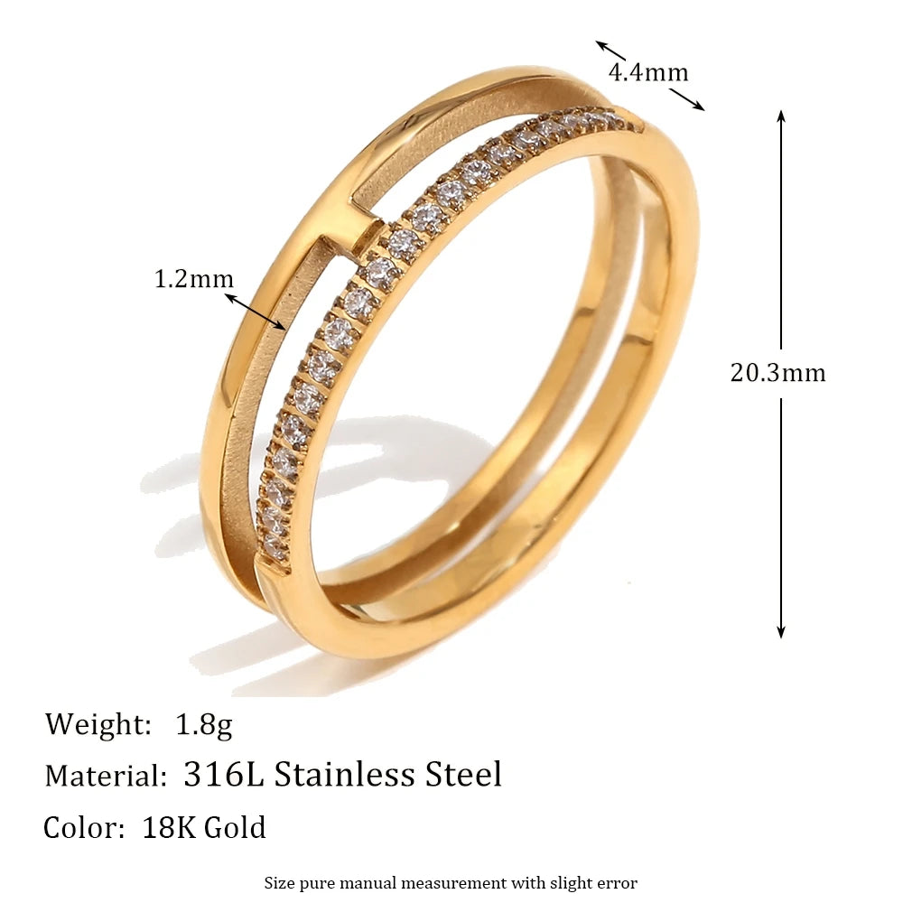 Ebbelle estilo minimalista dupla camada strass anel básico pilha jóias de aço inoxidável 18k banhado a ouro para meninas festa