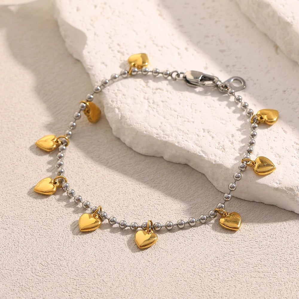 Ebbelle Pulseira criativa de cor mista redonda com miçangas coração pulseira banhada a ouro 18K joias da moda em aço inoxidável
