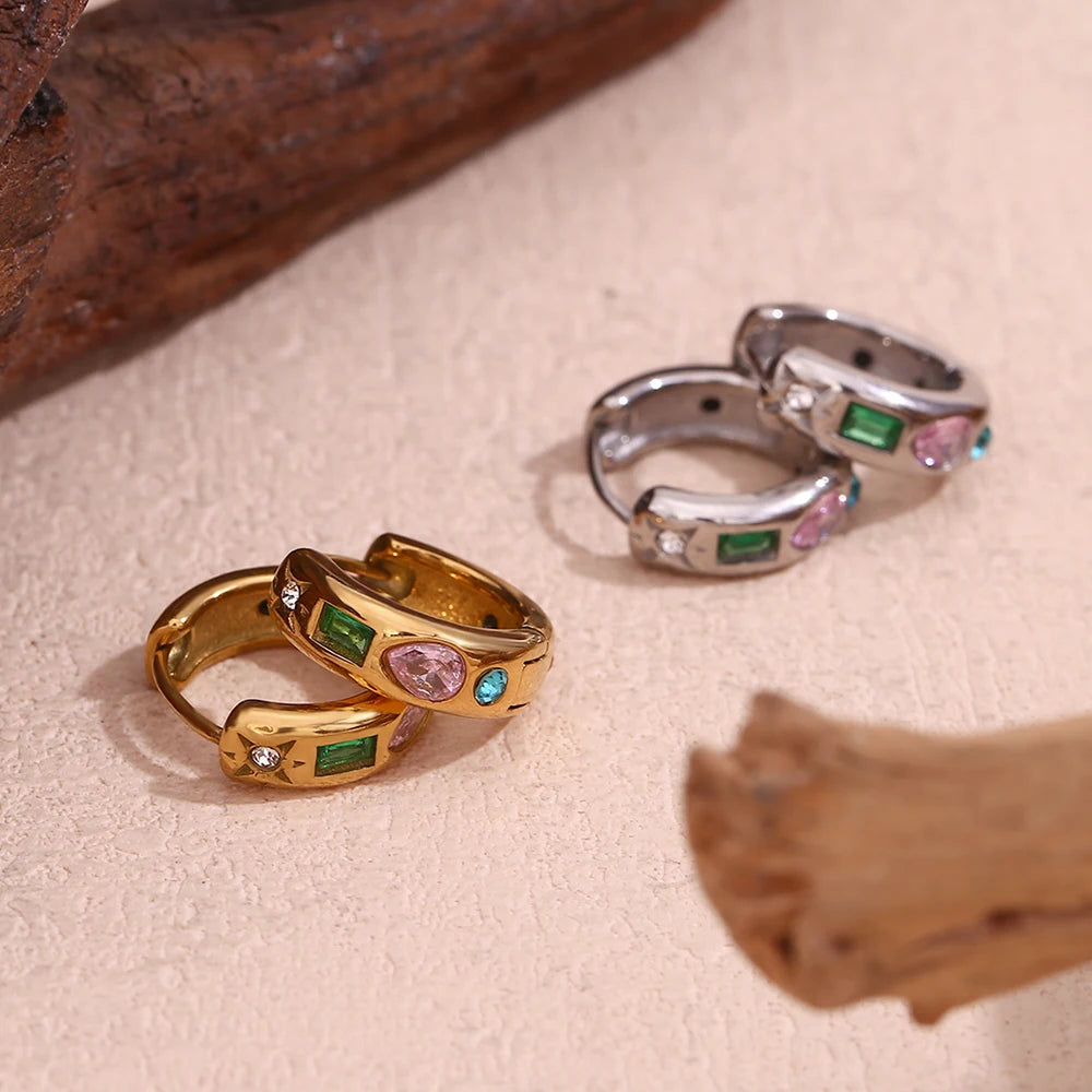 E.B.belle Brincos de argola de zircônia coloridos sem manchas brincos banhados a ouro 18K para mulheres joias de aço inoxidável 316L