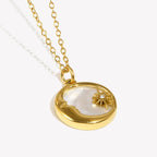 Ebbelle natural mãe de pérola fundição lua estrela círculo moeda colar para mulher 18k banhado a ouro jóias de aço inoxidável
