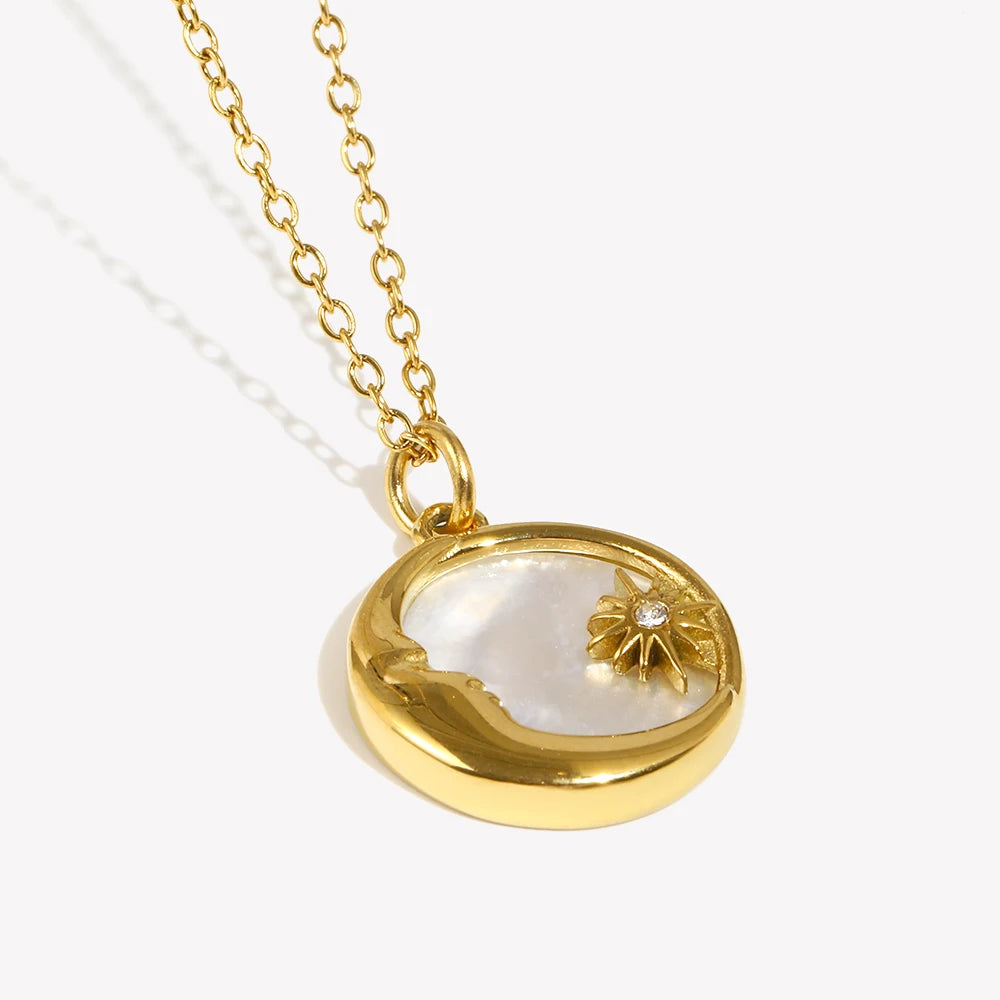 Ebbelle natural mãe de pérola fundição lua estrela círculo moeda colar para mulher 18k banhado a ouro jóias de aço inoxidável