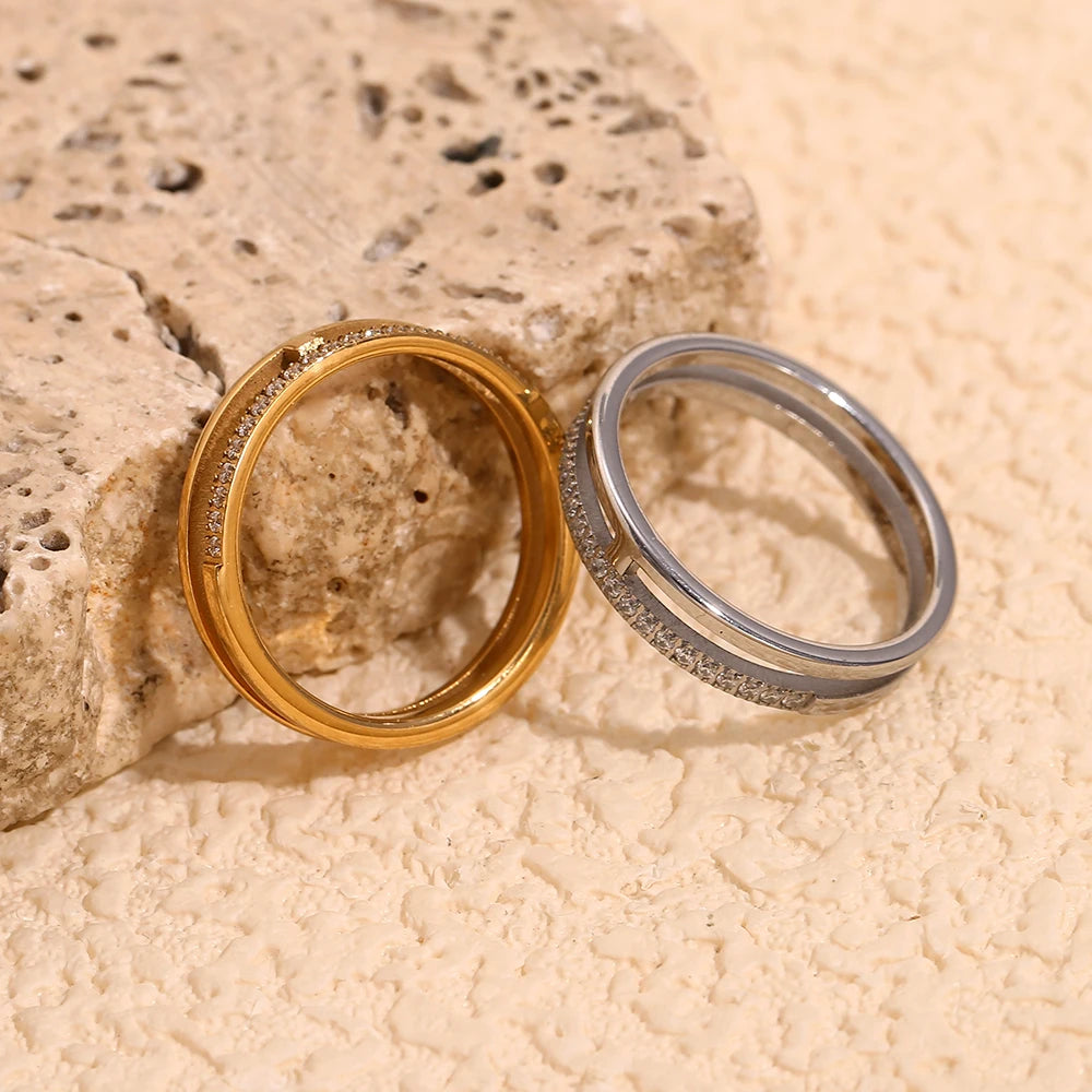 Ebbelle estilo minimalista dupla camada strass anel básico pilha jóias de aço inoxidável 18k banhado a ouro para meninas festa