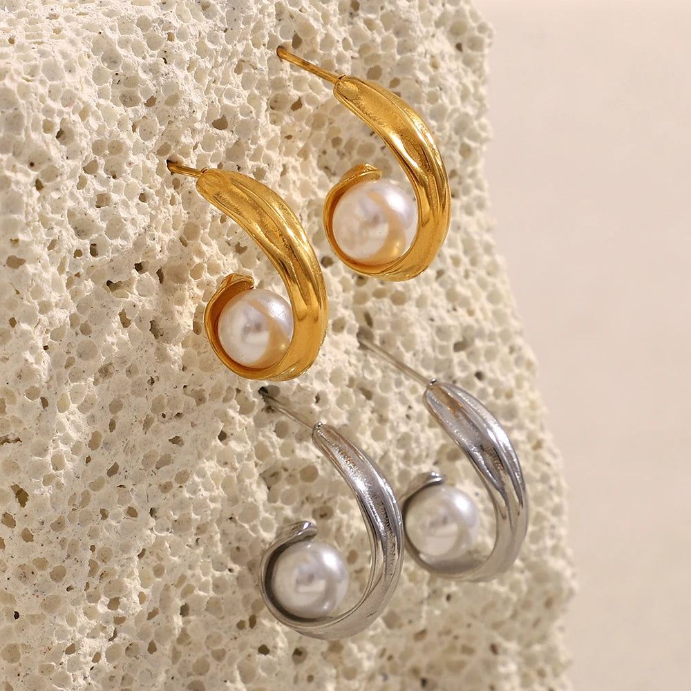 Ebbelle moda craetive clipe em forma de c pérola brinco 18k banhado a ouro aço inoxidável festa feminino orelha jóias presente