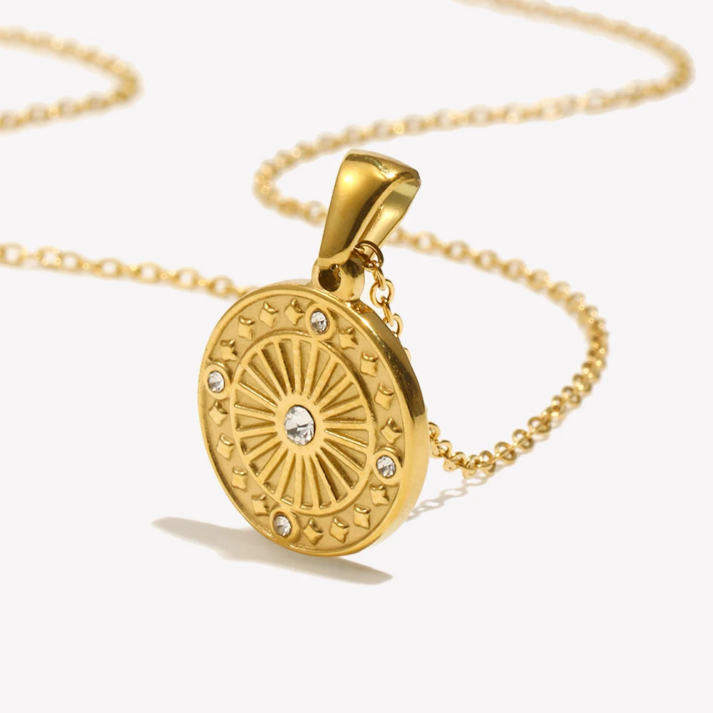 Clássico minimalista redondo banhado a ouro colares de moedas para mulheres, aço inoxidável, impermeável círculo pingente colarinho, cor prata