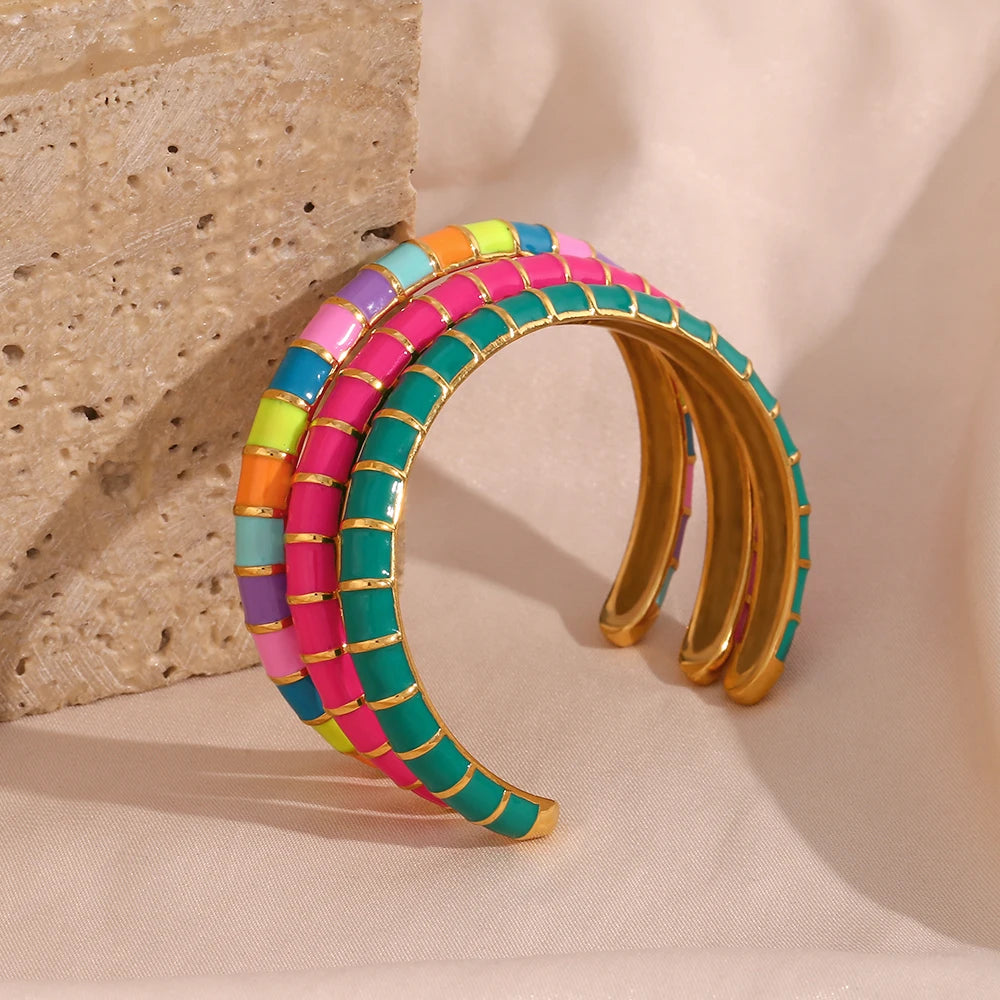 Design Caterpillar Pulseiras para Mulheres, Pulseiras Coloridas de Esmalte, Punho de Aço Inoxidável, Jóias Y2K Bonitos, Verão
