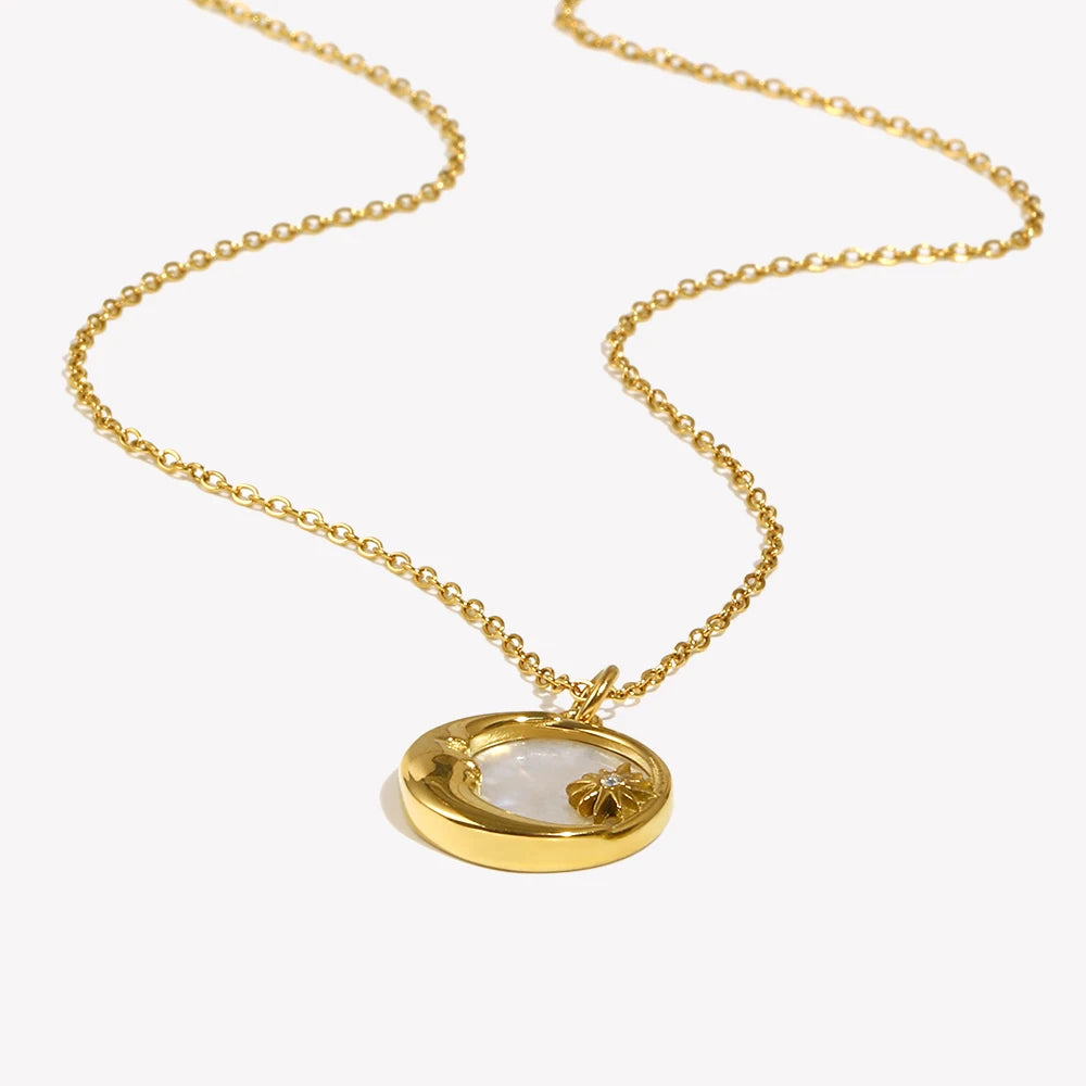Ebbelle natural mãe de pérola fundição lua estrela círculo moeda colar para mulher 18k banhado a ouro jóias de aço inoxidável