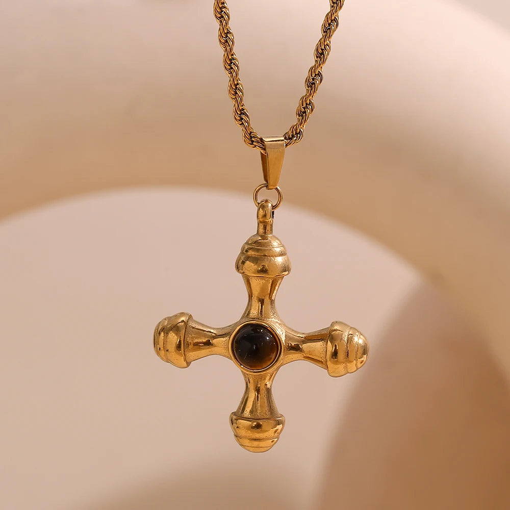E.B. Belle-Ágata Leme Forma Colar Pingente, 18K banhado a ouro, aço inoxidável, Twists Cadeia, Pedra Natural, Cor Marrom