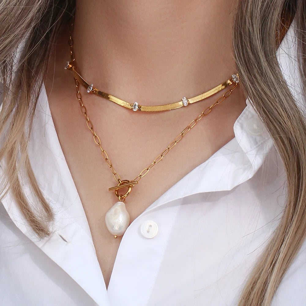 E.B.belle Design elegante oval quadrado zircão pedra espinha de peixe corrente gargantilha colar de aço inoxidável 18k joias banhadas a ouro