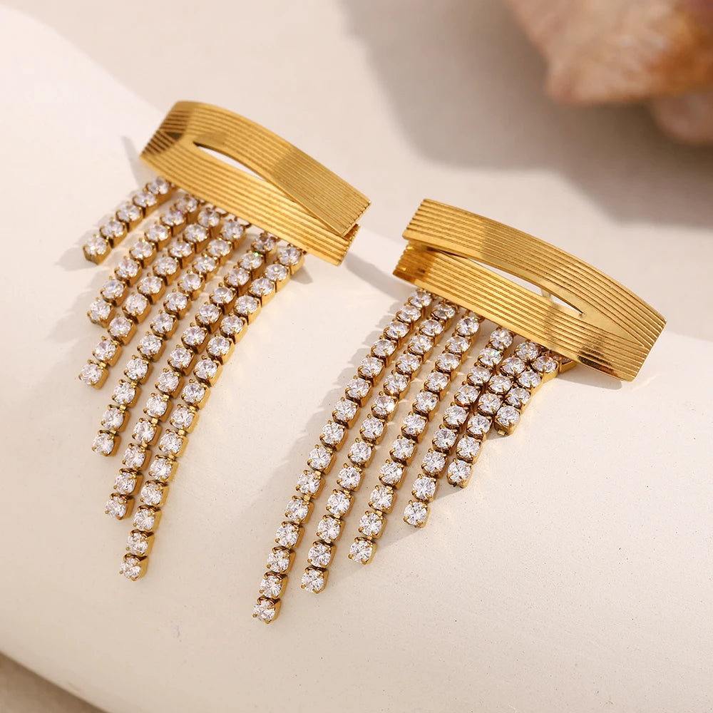 Ebbelle luxo longa tira zircão borla brincos de aço inoxidável pvd banhado festa casamento feminino jóias acessórios