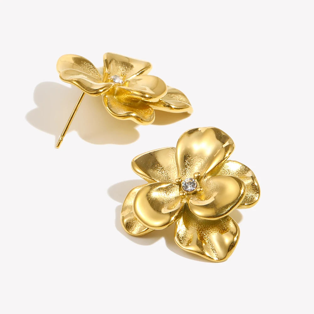 Ebbelle Brincos retrô de flor dupla camada, resistentes à água, acessórios de aço inoxidável 316L, joias banhadas a ouro 18K