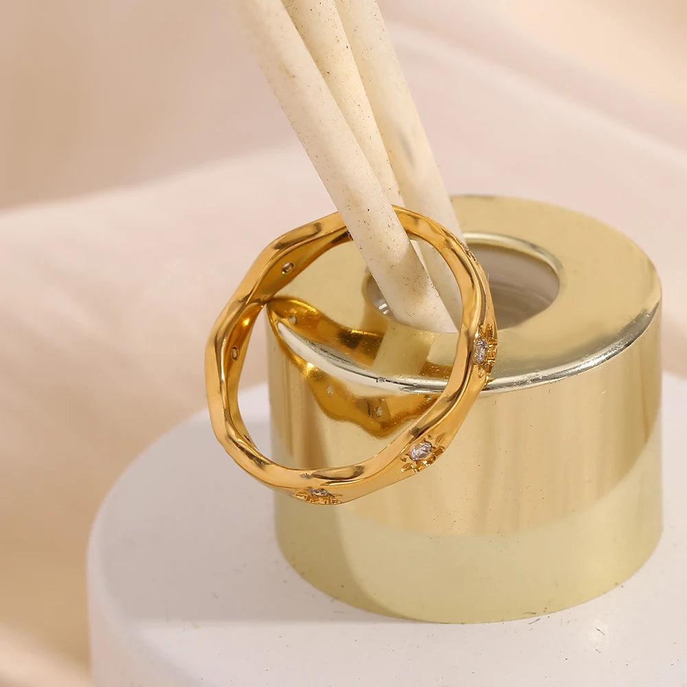 Ebbelle strass oito awn estrela forma de onda anel de aço inoxidável 18k banhado a ouro requintado jóias femininas para festa namoro
