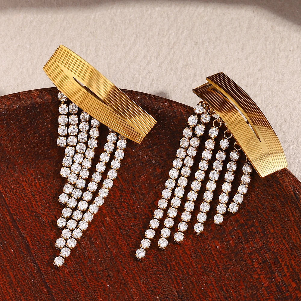 Ebbelle luxo longa tira zircão borla brincos de aço inoxidável pvd banhado festa casamento feminino jóias acessórios