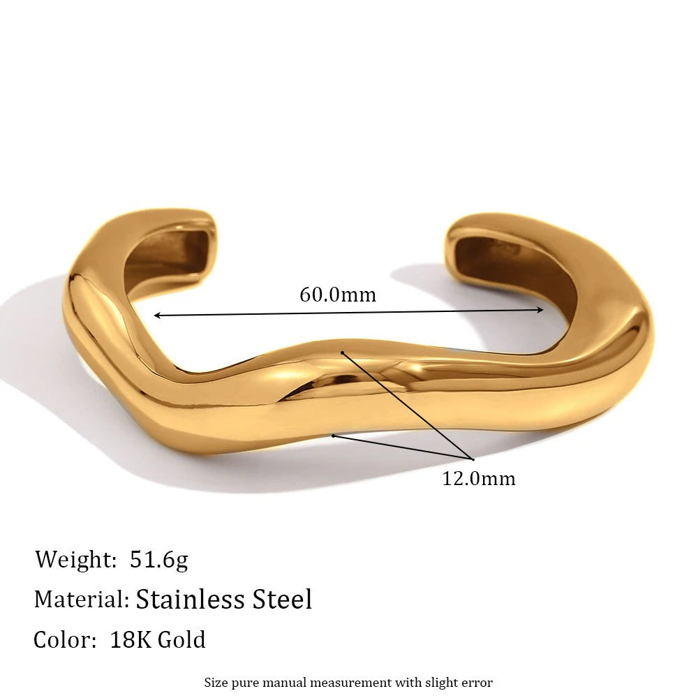 Ebbelle Pulseira aberta de onda líquida irregular exagerada banhada a ouro 18K pulseiras de mão femininas joias de aço inoxidável