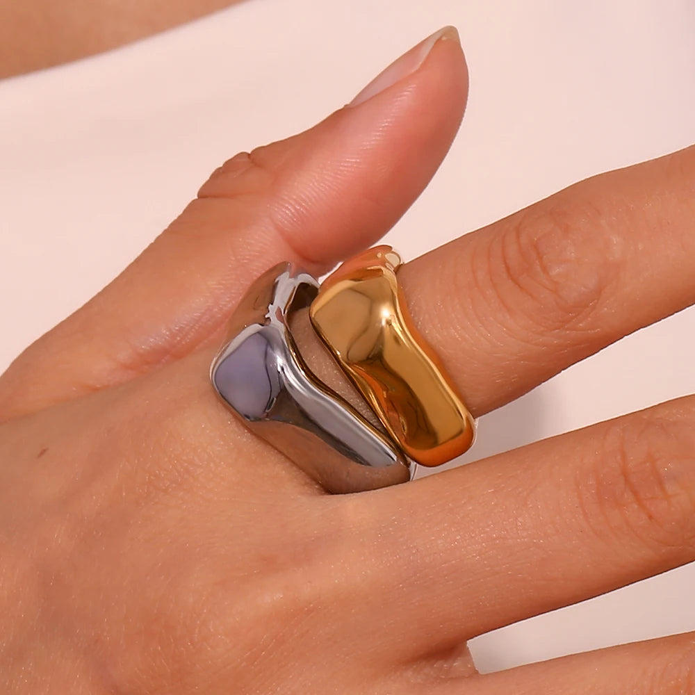 Ebbelle Anel geométrico quadrado simples cor prata anéis de aço inoxidável para decoração feminina acessórios banhados a ouro 18K