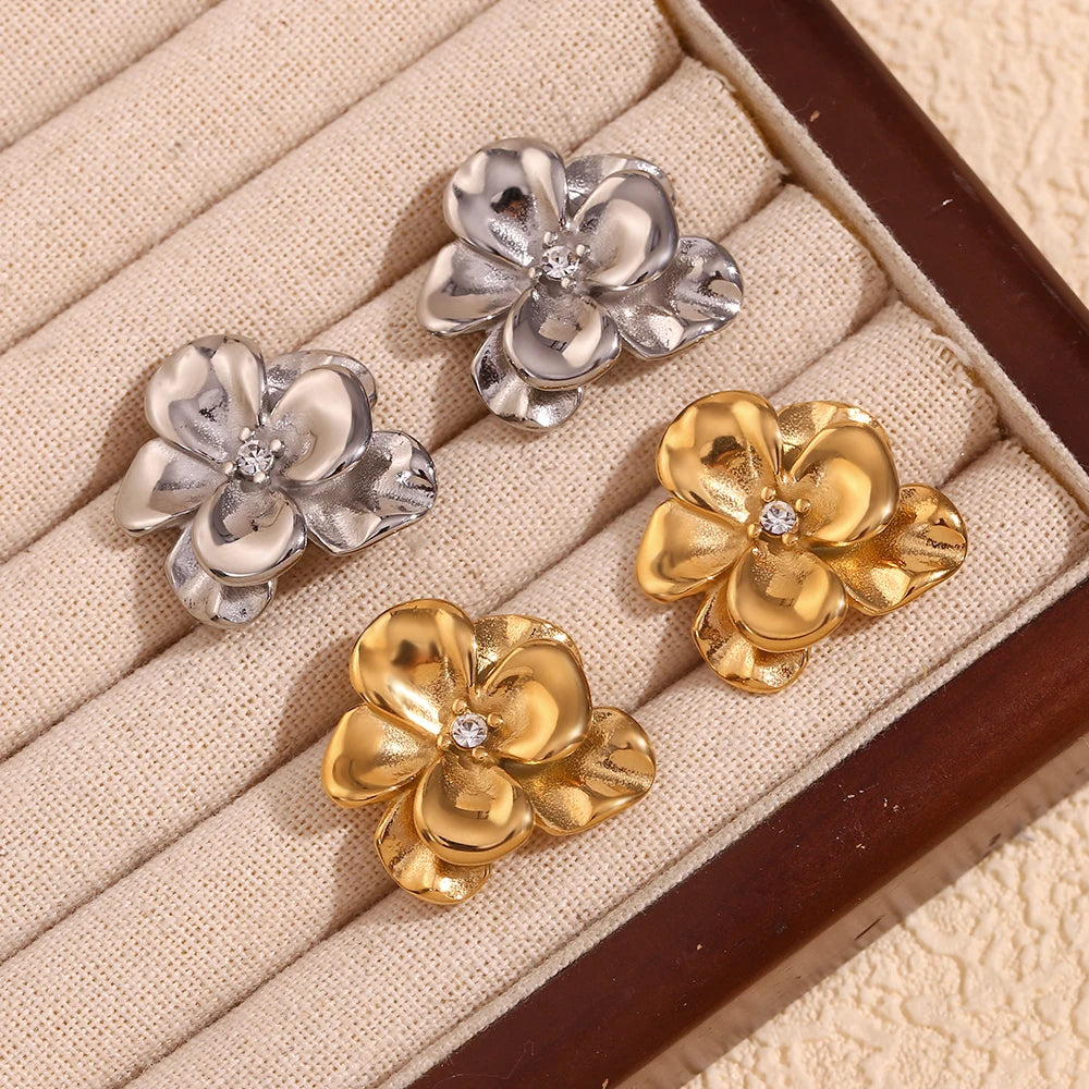 Ebbelle Brincos retrô de flor dupla camada, resistentes à água, acessórios de aço inoxidável 316L, joias banhadas a ouro 18K