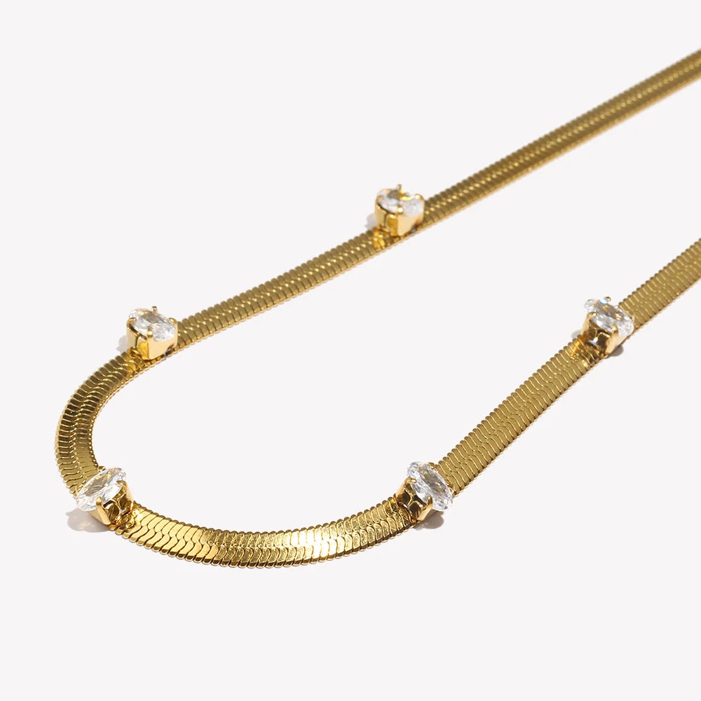 E.B.belle Design elegante oval quadrado zircão pedra espinha de peixe corrente gargantilha colar de aço inoxidável 18k joias banhadas a ouro
