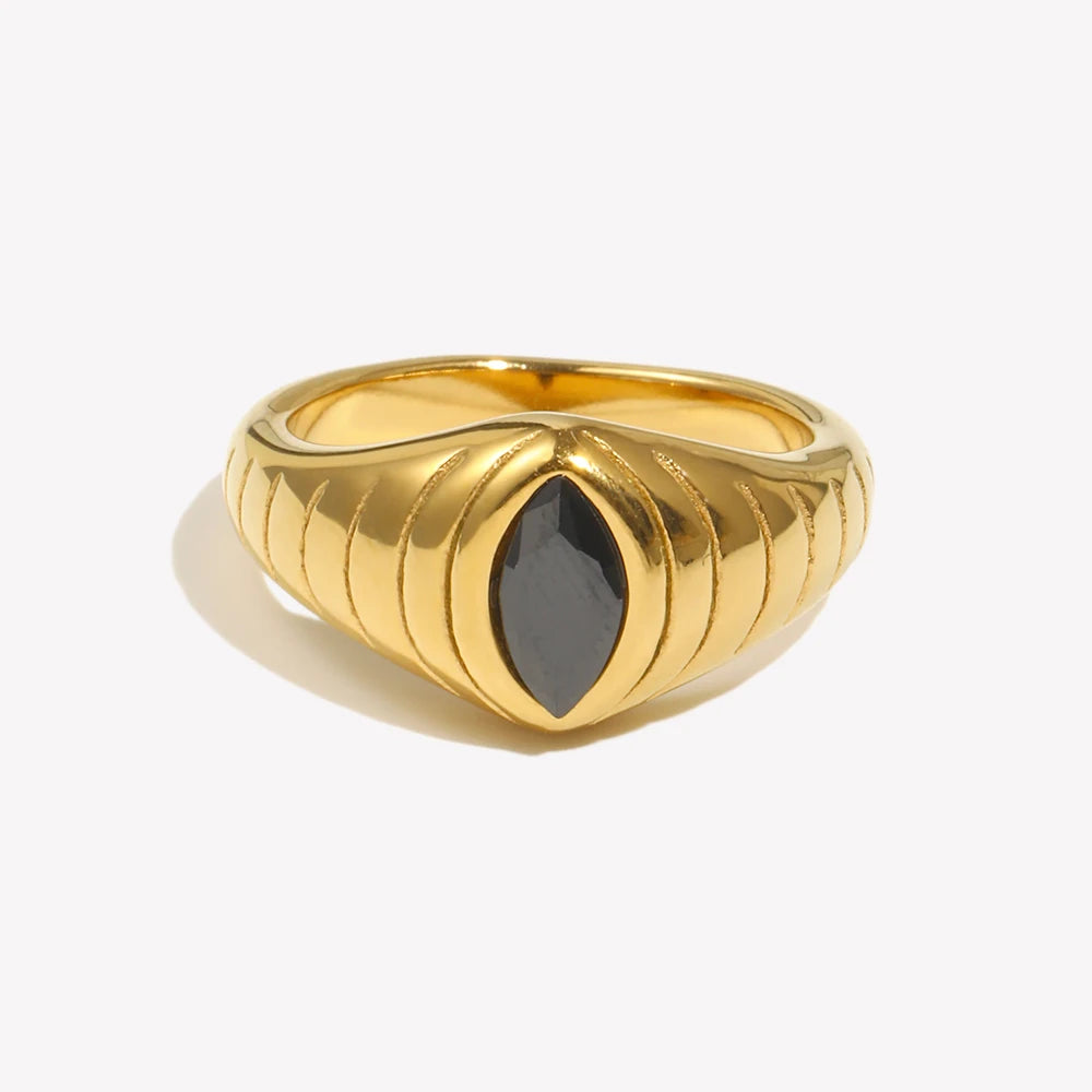 E.B.belle Anéis de sinete texturizados em forma de olho de zircônia cúbica preta para mulheres anéis de dedo de aço inoxidável banhados a ouro 18K para mulheres