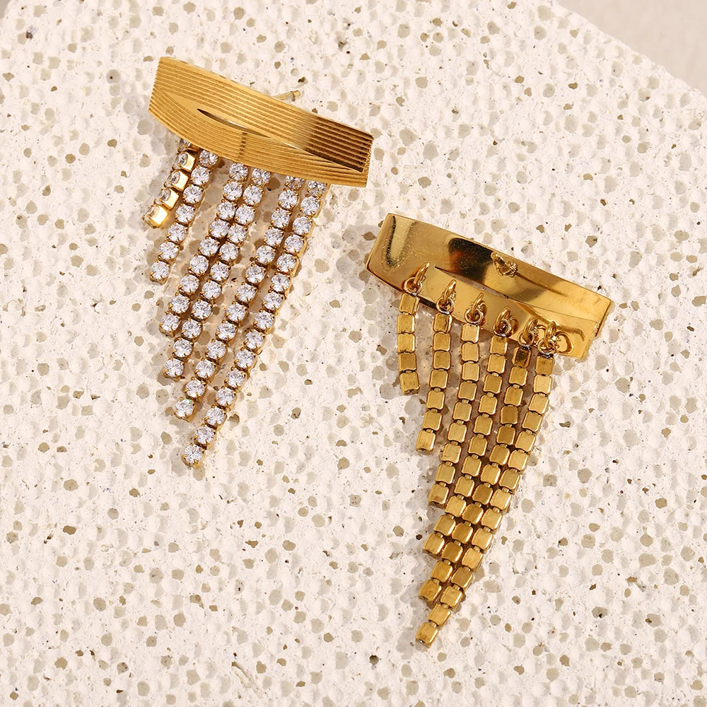 Ebbelle luxo longa tira zircão borla brincos de aço inoxidável pvd banhado festa casamento feminino jóias acessórios