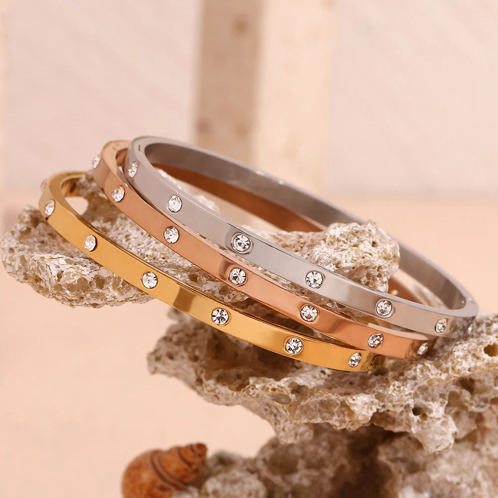 E.B.belle Pulseira com fivela de zircônia pontilhada, resistente à água, pulseira de aço inoxidável 316L para mulheres, joias banhadas a ouro 18K