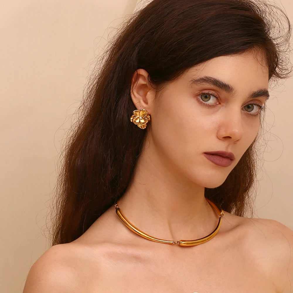 Ebbelle Brincos retrô de flor dupla camada, resistentes à água, acessórios de aço inoxidável 316L, joias banhadas a ouro 18K