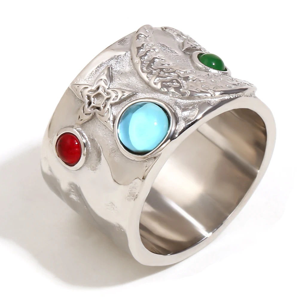 Ebbelle Anel de pedra preciosa de cor azul verde com relevo largo e suave banhado a ouro em aço inoxidável para festa feminina joias presentes