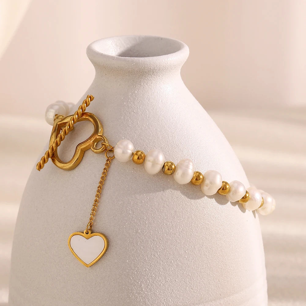 Ebbelle pérola corrente ot fivela coração pingente pulseira para mulheres de aço inoxidável hipoalergênico festa moda jóias