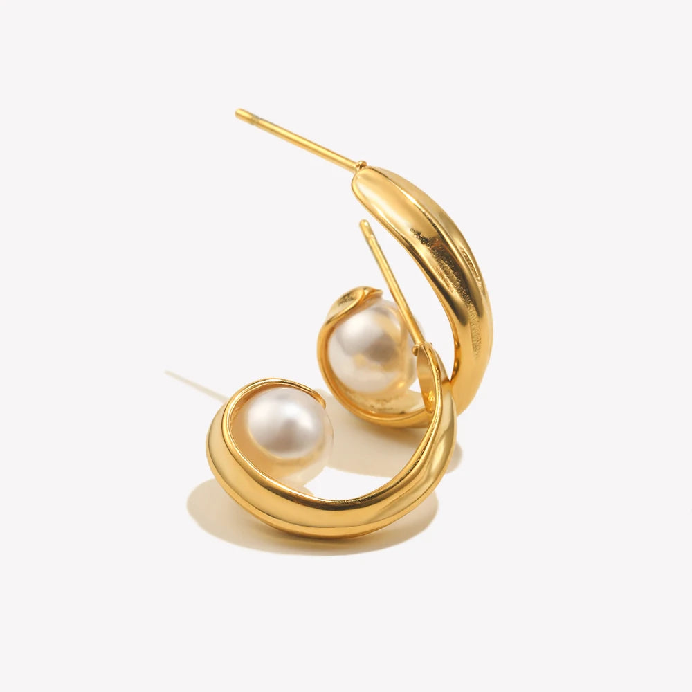 Ebbelle moda craetive clipe em forma de c pérola brinco 18k banhado a ouro aço inoxidável festa feminino orelha jóias presente