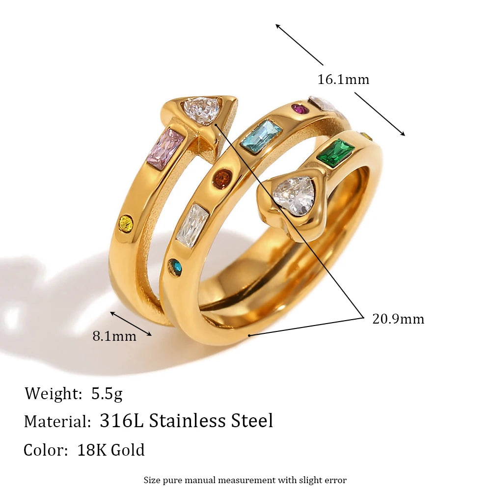 E.B. Belle-Three Layer Coração e Seta Zircon Anel Aberto, Jóias em Aço Inoxidável 316L, Acessórios Banhados a Ouro 18K