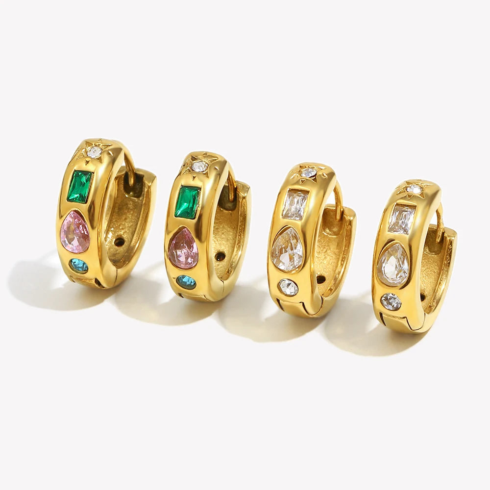 E.B.belle Brincos de argola de zircônia coloridos sem manchas brincos banhados a ouro 18K para mulheres joias de aço inoxidável 316L