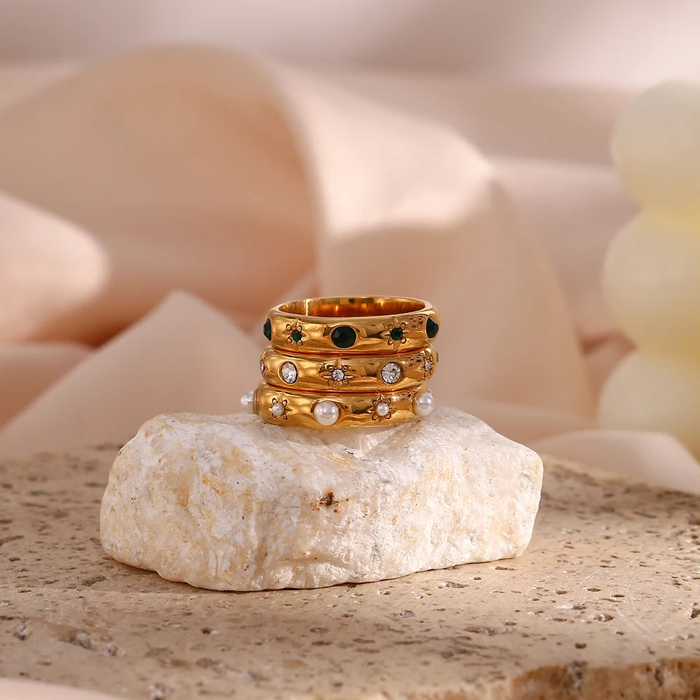 Ebbelle 18K banhado a ouro verde zircão pérola anéis para mulheres à prova d'água hipoalergênico delicado anel de ouro joias de aço inoxidável