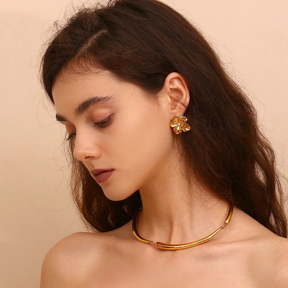 Ebbelle Brincos retrô de flor dupla camada, resistentes à água, acessórios de aço inoxidável 316L, joias banhadas a ouro 18K