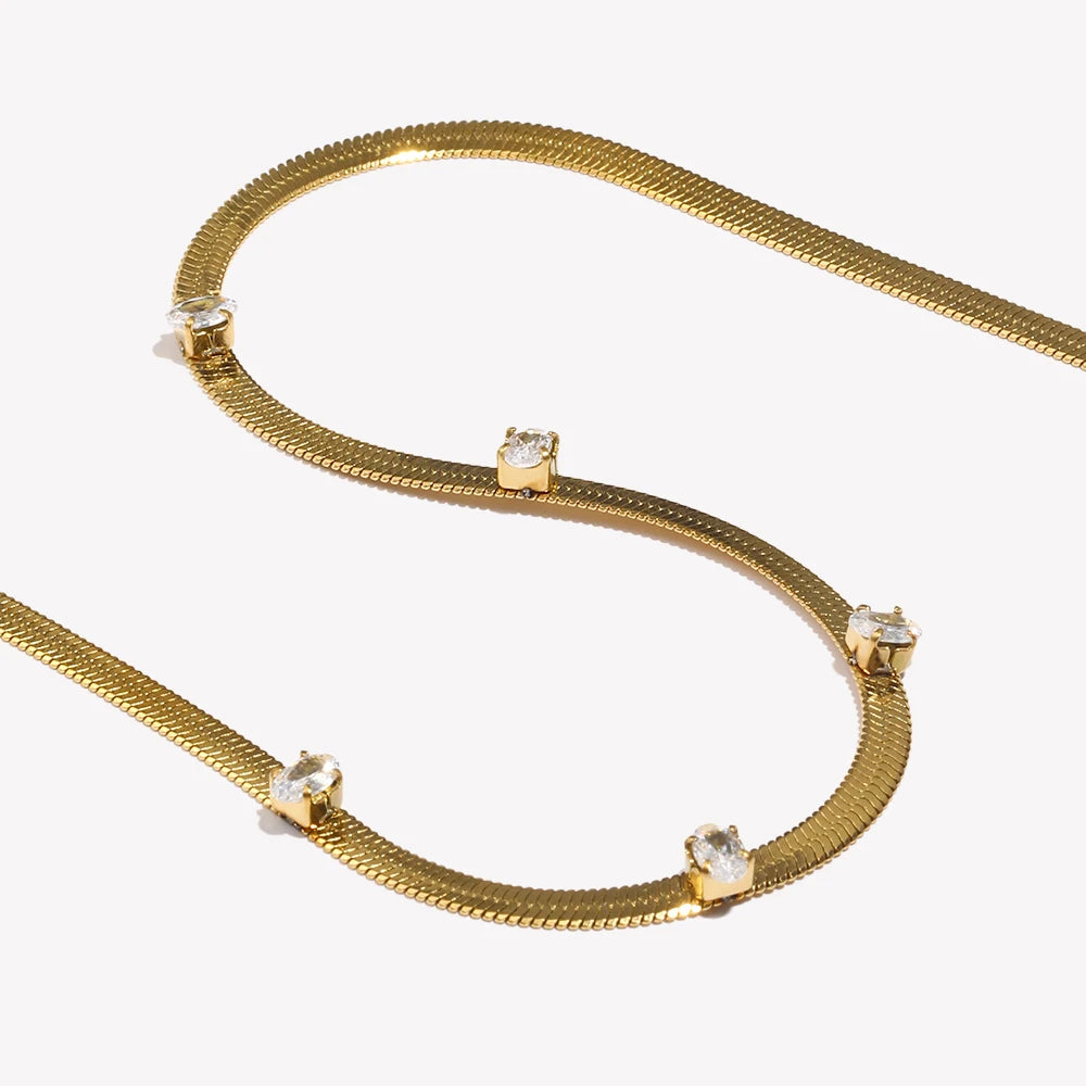 E.B.belle Design elegante oval quadrado zircão pedra espinha de peixe corrente gargantilha colar de aço inoxidável 18k joias banhadas a ouro