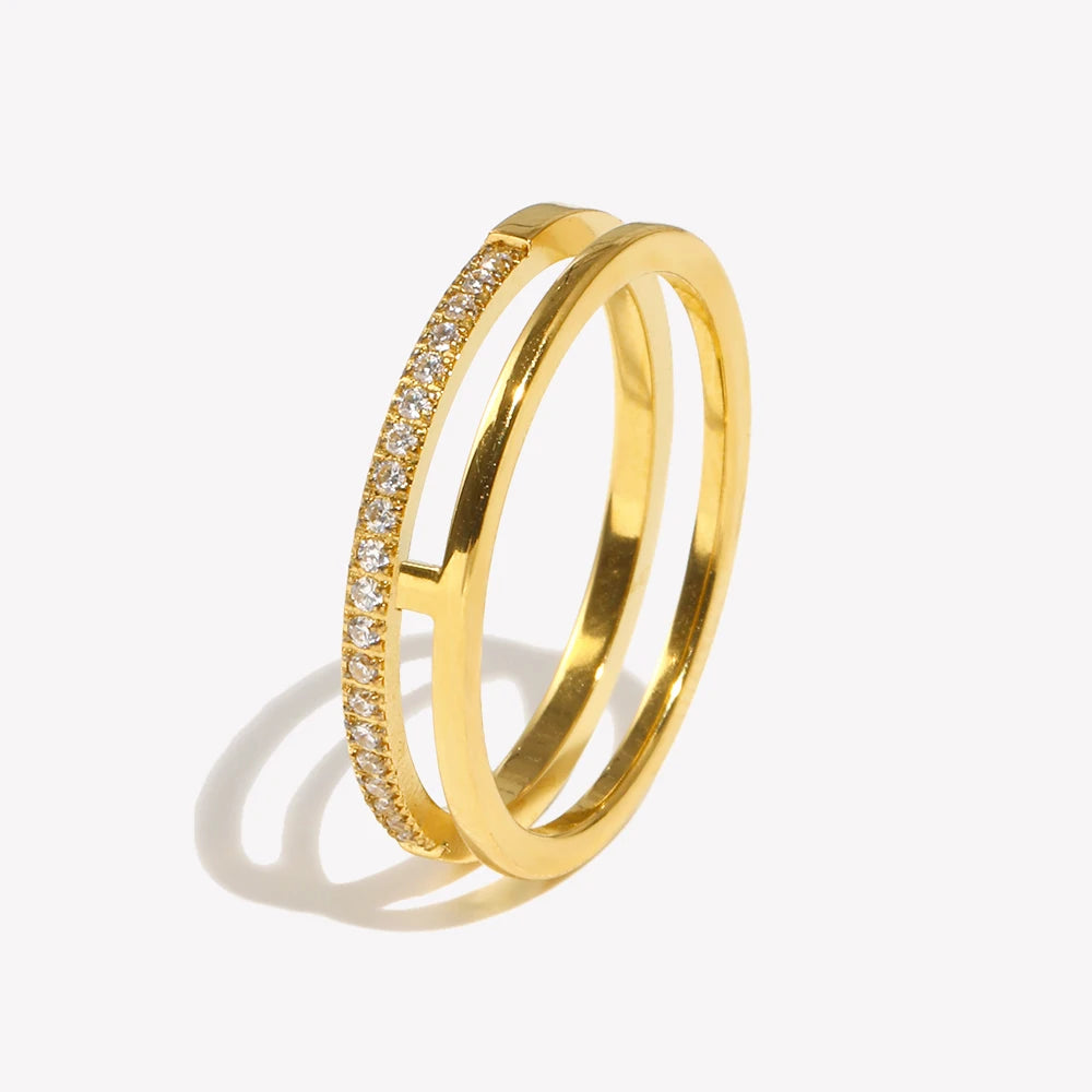 Ebbelle estilo minimalista dupla camada strass anel básico pilha jóias de aço inoxidável 18k banhado a ouro para meninas festa