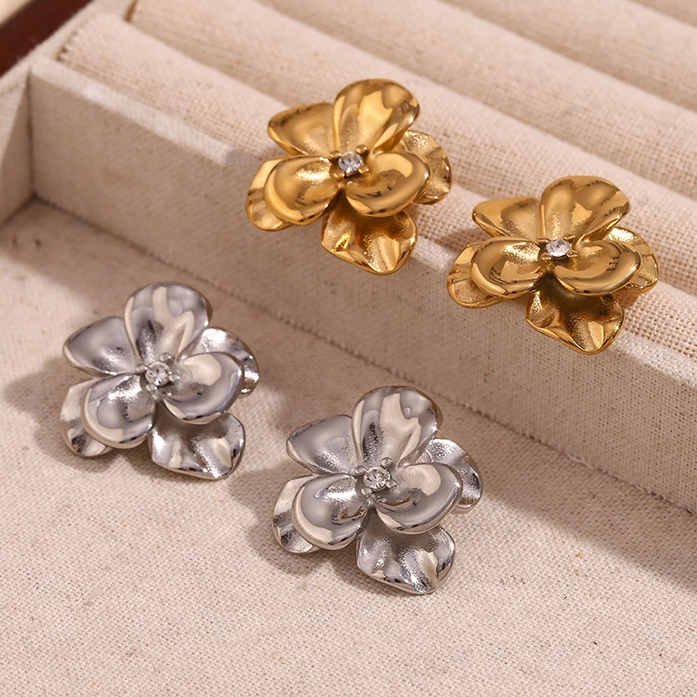 Ebbelle Brincos retrô de flor dupla camada, resistentes à água, acessórios de aço inoxidável 316L, joias banhadas a ouro 18K