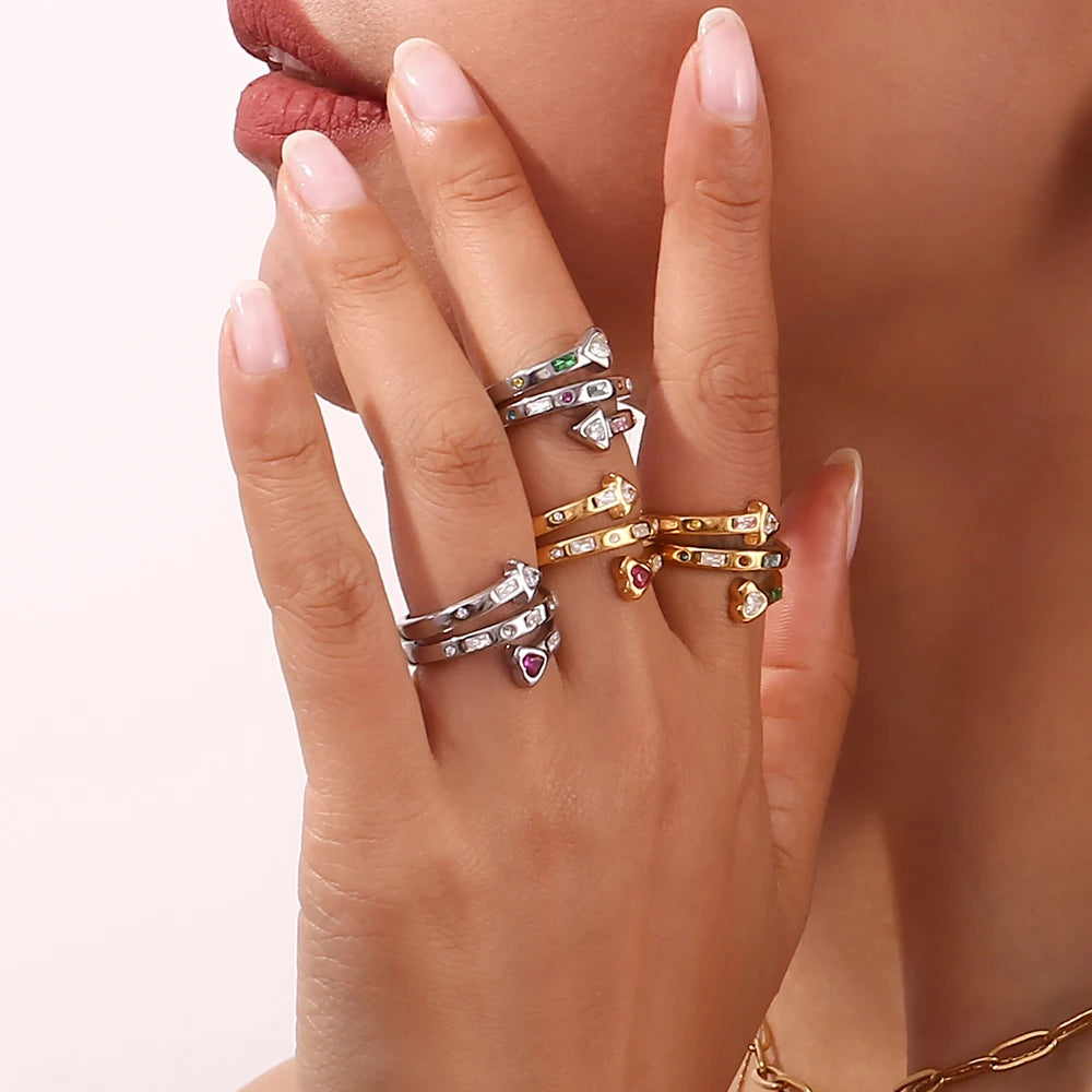 E.B. Belle-Three Layer Coração e Seta Zircon Anel Aberto, Jóias em Aço Inoxidável 316L, Acessórios Banhados a Ouro 18K