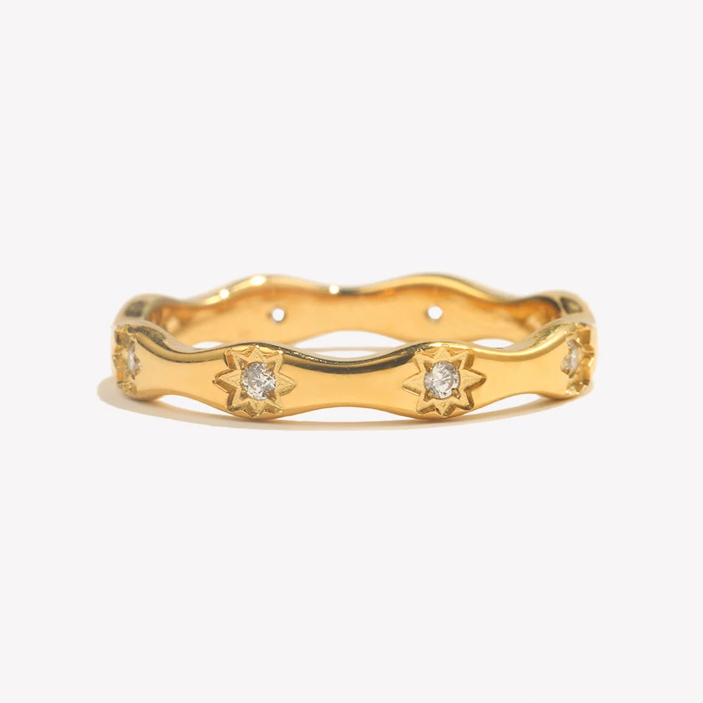 Ebbelle strass oito awn estrela forma de onda anel de aço inoxidável 18k banhado a ouro requintado jóias femininas para festa namoro