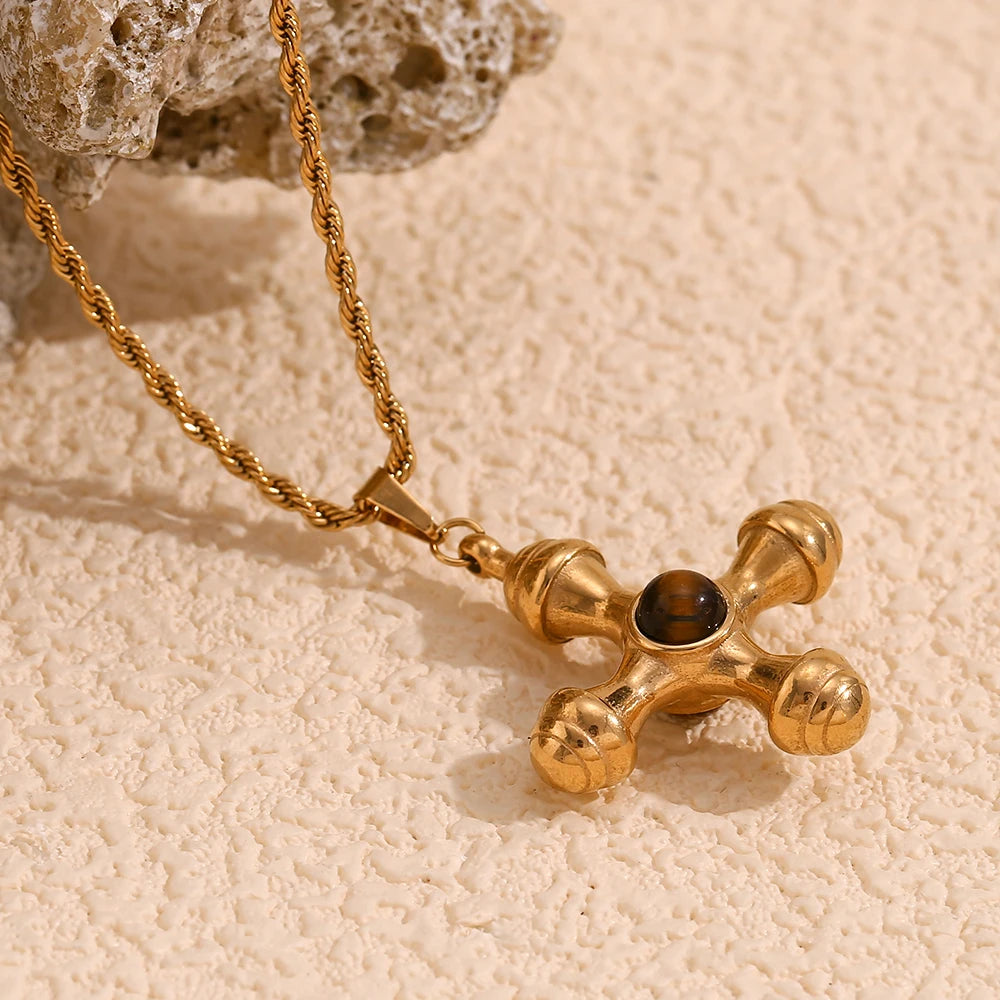 E.B. Belle-Ágata Leme Forma Colar Pingente, 18K banhado a ouro, aço inoxidável, Twists Cadeia, Pedra Natural, Cor Marrom