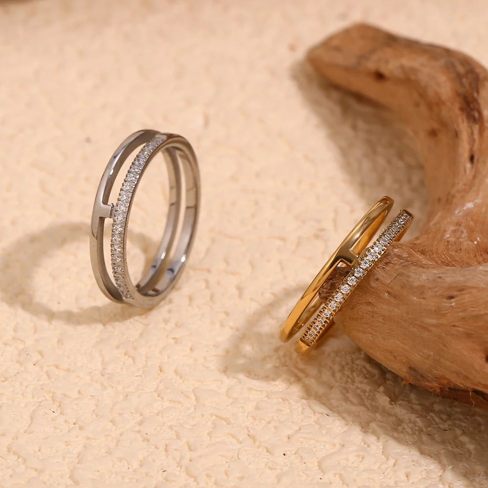 Ebbelle estilo minimalista dupla camada strass anel básico pilha jóias de aço inoxidável 18k banhado a ouro para meninas festa
