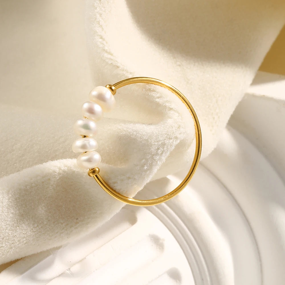 Eb.belle anéis de pérolas de água doce banhados a ouro de aço inoxidável para mulheres acessórios para mujer bagues acier inoxydables femmes