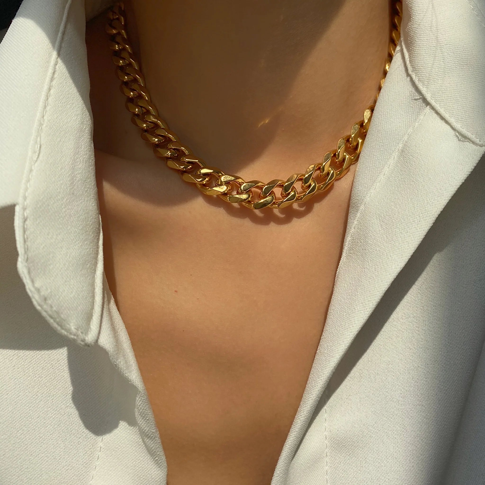 Aço inoxidável banhado a ouro Chunky colar de corrente cubana para mulheres, anti-alérgico, sem manchas, minimalista, E.B.